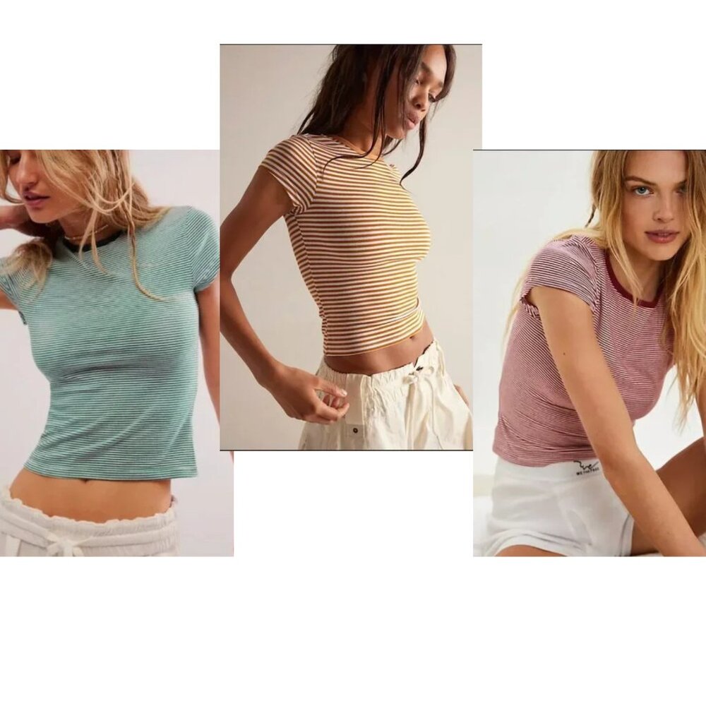 3 Color Bundle Free People Morning Pages Baby Tees (Green, Red, and Brown)